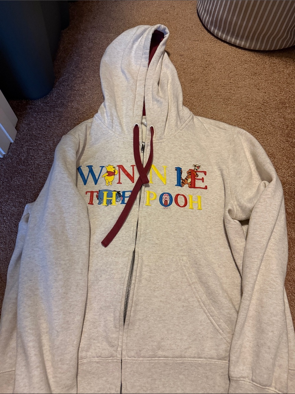 Disney Winnie the Pooh Light Tan Zip Hoodie with Maroon Drawstrings